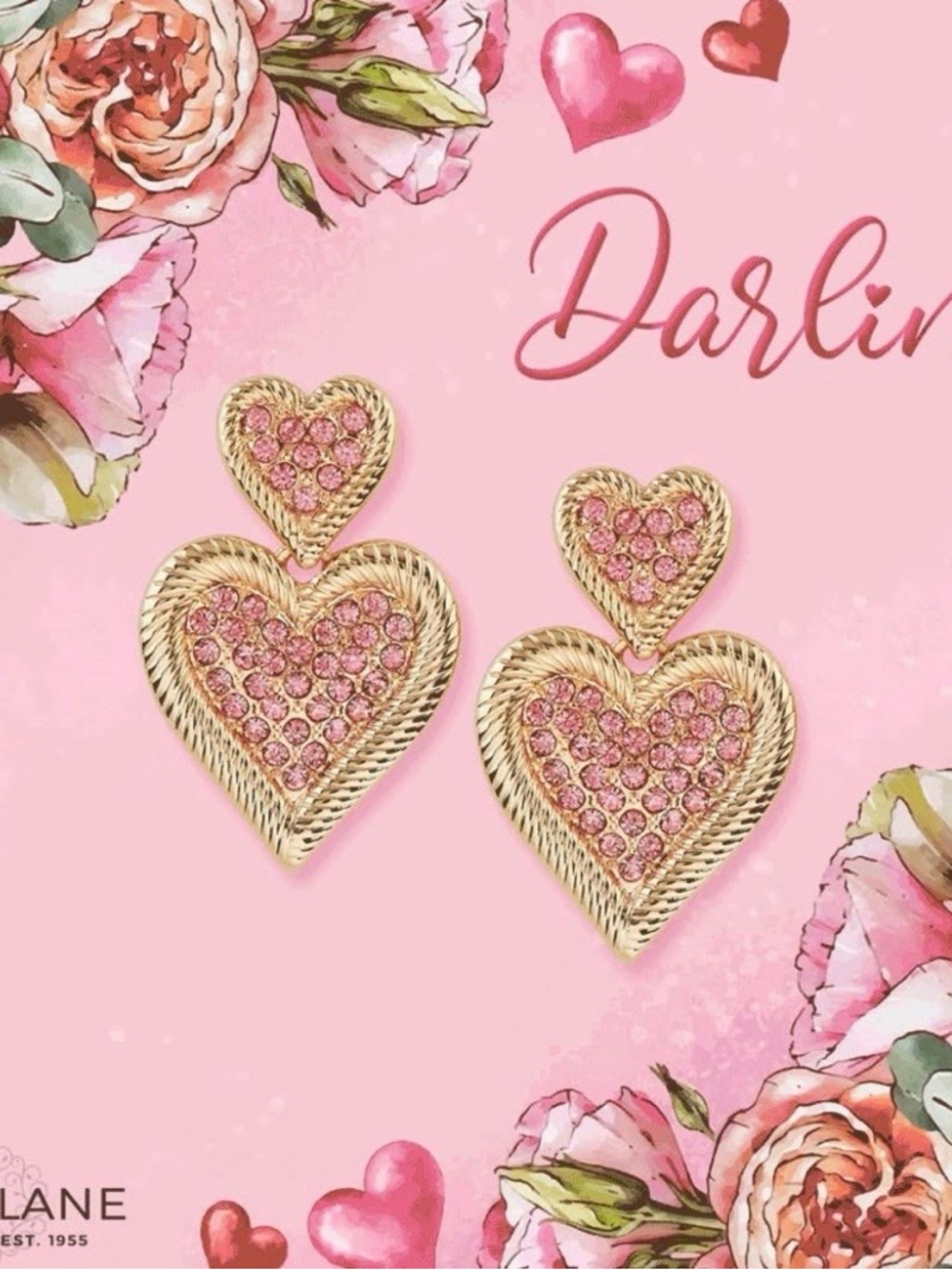Park Lane “Darlin” Heart Earrings Pink Crystal Gold Tone Statement NWT